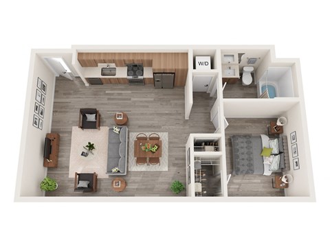 A top down view of a living room, kitchen, and bedroom.